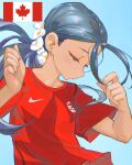  1girl 2026_fifa_world_cup blue_background blue_eyes blue_hair canada canadian_flag earrings flower hair_flower hair_ornament half-closed_eyes highres jewelry original pink_nails red_shirt shirt single_earring soccer_shirt stud_earrings world_cup yugen99 