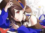 1girl arknights bare_shoulders black_hair black_hat blue_jacket blurry blurry_foreground commentary_request creature creature_on_shoulder earrings entelechia_(arknights) entelechia_(dazzling_blue)_(arknights) flower_earrings hair_between_eyes hat highres jacket jewelry lips looking_at_viewer lying mole mole_under_eye nekohitsuj96199 official_alternate_costume on_shoulder parted_lips pointy_ears portrait red_eyes short_hair simple_background single_off_shoulder solo star-shaped_pupils star_(symbol) symbol-shaped_pupils 