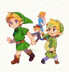  4boys adversarial_noise belt black_eyes blonde_hair blue_eyes blue_tunic boots brown_belt brown_boots champion's_tunic_(zelda) closed_mouth fold-over_boots green_hat green_tunic hat highres layered_sleeves link long_sleeves looking_at_viewer looking_back male_focus multiple_boys multiple_persona open_mouth panties ponytail red_hat short_over_long_sleeves short_ponytail short_sleeves smile super_smash_bros. the_legend_of_zelda the_legend_of_zelda:_breath_of_the_wild the_legend_of_zelda:_ocarina_of_time the_legend_of_zelda:_spirit_tracks the_legend_of_zelda:_the_wind_waker thinking tokuura toon_link tunic underwear watermark watermark_grid white_background white_panties young_link 