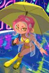  1girl agent_8_(splatoon) artist_name bikini boots breasts cleavage closed_mouth colored_eyebrows commentary_request full_body highres holding holding_umbrella long_sleeves looking_at_viewer medium_breasts medium_hair multicolored_hair navel octoling pink_hair purple_hair rain see-through_clothes see-through_shirt shirt signature smile solo splatoon_(series) splatoon_2 splatoon_2:_octo_expansion standing suction_cups swimsuit tanukichikushin tentacle_hair two-tone_hair umbrella yellow_eyes 