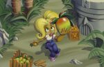  2019 accessory activision anthony_loiacono anthro bandicoot blonde_hair box breasts clothing coco_bandicoot crash_bandicoot_(series) detailed_background female flower flower_in_hair food fruit grass green_eyes hair hair_accessory holding_food holding_fruit holding_object looking_up mammal marsupial on_one_leg outside overalls plant shirt smile solo standing tongue tongue_out topwear video_games 