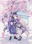  1boy 1girl absurdres animal_ear_fluff animal_ears arknights bag bagged_fish bare_shoulders black_boots blonde_hair boots candy_apple cherry_blossoms commentary copyright_name cotton_candy day eating fish floral_print floral_print_kimono floral_print_sleeves flower food fox_boy fox_ears fox_girl fox_tail frilled_sleeves frills full_body green_eyes hand_fan height_difference highres holding holding_candy_apple holding_cotton_candy holding_fan holding_food husband_and_wife japanese_clothes kesou_yaoshui_er kimono kitsune long_hair long_sleeves looking_at_another official_alternate_costume outdoors paper_fan parted_bangs petals priest print_kimono profile purple_flower purple_hair sandals short_hair sky smile spring_(season) standing suzuran's_father_(arknights) tail torii tree uchiwa untranslatable_commentary vulpisfoglia_(arknights) vulpisfoglia_(out_of_focus)_(arknights) yellow_eyes 