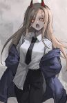  1girl absurdres black_pants blonde_hair breasts chainsaw chainsaw_man commentary cowboy_shot grey_background hair_between_eyes highres horns long_hair long_hair_between_eyes looking_at_viewer mentally_deficient open_mouth orange_eyes pants power_(chainsaw_man) red_horns shirt solo teeth tongue v-shaped_eyebrows white_shirt 
