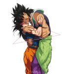  2boys bara black_eyes black_hair blush bracer broly_(dragon_ball_super) dark_skin dark_skinned_male dragon_ball dragon_ball_super dragon_ball_super_broly highres hug imminent_kiss male_focus medium_hair multiple_boys muscular muscular_male pants saiyan_armor scar scar_on_cheek scar_on_chest scar_on_face shirtless size_difference skin_tight son_goku spiked_hair tarutobi tight tight_pants yaoi 