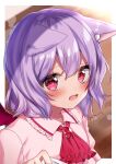  1girl absurdres animal_ears ascot bat_wings cat_ears collared_shirt eyebrows_visible_through_hair fang hair_between_eyes highres light_particles looking_at_viewer open_mouth purple_hair red_eyes red_neckwear remilia_scarlet shiki_(s1k1xxx) shirt short_hair short_sleeves solo touhou upper_body wings 