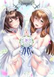  2girls blush bouquet breasts bridal_veil brown_hair cleavage collarbone crossover elbow_gloves flower girls_frontline gloves green_eyes grin headgear heart_lock_(kantai_collection) interlocked_fingers jewelry kantai_collection ken_ill large_breasts long_hair looking_at_viewer m1903_springfield_(girls_frontline) multiple_girls mutsu_(kancolle) navel necklace revealing_clothes second-party_source see-through short_hair sidelocks smile veil white_garter white_garter_belt white_garter_straps 