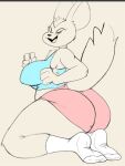  aggressive_retsuko anthro big_breasts big_butt breasts butt clothed clothing female fenneko footwear lefcoyto looking_at_viewer looking_back sanrio socks solo 