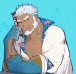  1boy aegir_(tokyo_houkago_summoners) bara beard blue_eyes dark_skin dark_skinned_male elbow_rest eyewear_removed face facial_hair jewelry looking_at_viewer male_focus manly muscular muscular_male open_clothes open_shirt pectorals short_hair single_earring solo thick_eyebrows tokyo_houkago_summoners uori upper_body white_hair 