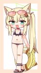  1girl :d absurdres animal_ear_fluff animal_ears arm_behind_head arm_up bandaid bandaid_on_knee bandaid_on_leg bare_arms bare_shoulders bikini black_bikini black_sandals blonde_hair blue_archive blush border brown-tinted_eyewear brown_border chibi choker collarbone commentary_request eyewear_on_head fang flat_chest flower fox_ears frilled_bikini frills front-tie_bikini_top front-tie_top full_body green_eyes hair_between_eyes hair_flower hair_ornament halo hana_kazari highres innertube kurumi_(blue_archive) kurumi_(c108_swimsuit)_(blue_archive) long_hair looking_at_viewer o-ring o-ring_bikini o-ring_choker o-ring_top red_flower sandals side_ponytail smile solo standing sunglasses swim_ring swimsuit tinted_eyewear very_long_hair white_background 