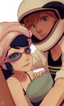  1boy 1girl absurdres adrien_agreste black_hair blonde_hair blue_eyes blush camisole caught ceejles commentary english_commentary flat_chest green_eyes helmet hetero highres marinette_dupain-cheng miraculous_ladybug motorcycle_helmet pink-framed_eyewear pink_camisole shirt signature sleeves_rolled_up sunglasses towel towel_on_head white_shirt 