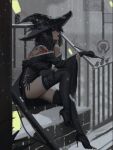  1girl arm_tattoo back_tattoo bare_shoulders black_dress black_eyes black_gloves black_hair black_lips black_thighhighs boots cigarette commentary cross-laced_clothes cross-laced_dress dress earrings english_commentary flower_tattoo from_side gloves grey_sky hair_ornament hairclip hat high_heel_boots high_heels highres holding holding_cigarette holding_smoking_pipe jewelry kiseru knee_up lace_headwear lantern lipstick long_hair long_sleeves makeup medium_hair neo_(neorarty3) off-shoulder_dress off_shoulder original outdoors piercing profile railing red_lips sheath shoulder_tattoo sitting sitting_on_stairs sky smoke smoking smoking_pipe snow snowing solo stairs stone_stairs tattoo thigh_boots thighhighs weapon wide_sleeves witch witch_hat 