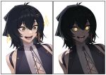  1girl black_bow black_hair bow breasts commentary female_rover_(wuthering_waves) hair_bow hair_ornament hair_ribbon hairclip highres large_breasts leppib multiple_views open_mouth parallel_hairclips ribbon rover_(wuthering_waves) smile sparkle sparkling_aura twitter_username untranslatable_commentary upper_body wuthering_waves yellow_eyes yellow_ribbon 