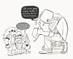  1girl 1other 2boys ant_tenna armlet armor boots bracelet cape colliholly crt deltarune english_commentary english_text full_body furry furry_female furry_male glasses greyscale hat highres holding holding_unworn_clothes holding_unworn_hat horns jewelry kris_(dark_world)_(deltarune) kris_(deltarune) long_hair long_nose monochrome multiple_boys object_head on_one_knee pants pants_tucked_in partially_shaded_face pointy_nose radio_antenna ralsei shared_thought_bubble shoes short_hair simple_background speech_bubble spiked_armlet spiked_bracelet spikes susie_(dark_world)_(deltarune) susie_(deltarune) thought_bubble unworn_hat unworn_headwear utdr_(toby_fox) 