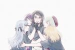  5girls :3 amoris_(bang_dream!) ave_mujica_(bang_dream!) bang_dream! bang_dream!_it's_mygo!!!!! beret black_gloves black_ribbon black_shirt blonde_hair blue_eyes blush chinese_commentary closed_eyes closed_mouth commentary_request crying crying_with_eyes_open doloris_(bang_dream!) gloves group_hug hair_ribbon hat highres holding holding_microphone hug medium_hair microphone misumi_uika mortis_(bang_dream!) mortis_(costume)_(bang_dream!) multiple_girls oblivionis_(bang_dream!) open_mouth photo-referenced purple_hair red_hair ribbon shirt short_sleeves sidelocks tears timoris_(bang_dream!) togawa_sakiko wakaba_mutsumi yahata_umiri yakaze_(yakaze1604) yellow_eyes yuutenji_nyamu 