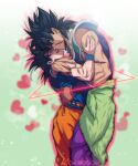  2boys bara black_eyes black_hair blush bracer broly_(dragon_ball_super) dark_skin dark_skinned_male dragon_ball dragon_ball_super dragon_ball_super_broly heart highres hug imminent_kiss male_focus medium_hair multiple_boys muscular muscular_male pants saiyan_armor scar scar_on_cheek scar_on_chest scar_on_face shirtless size_difference skin_tight son_goku spiked_hair tarutobi tight tight_pants yaoi 