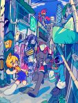  1boy 1other 4girls android black_fur black_hair blonde_hair blue_sky cat_girl cloud cloudy_sky colored_sclera commentary condenser_unit highres jacket manhole_cover mikiwo_eko53 multiple_girls object_head one-eyed original outdoors pink_eyes poster_(object) red_jacket road robot_girl running sky sleeves_past_wrists snail_girl street television tower window yellow_sclera 