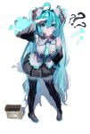  1girl :< ? ?? absurdres ahoge animal_ear_fluff animal_ears arm_up bare_shoulders black_boots black_skirt black_sleeves blue_eyes blue_hair blue_necktie blush boots cat_ears cat_girl chinese_commentary closed_mouth collared_shirt commentary_request detached_sleeves double-parted_bangs full_body grey_shirt hair_between_eyes hair_intakes hatsune_miku highres kemonomimi_mode long_hair long_sleeves looking_at_viewer miniskirt muhui_lucky necktie pleated_skirt shirt simple_background skirt sleeveless sleeveless_shirt solo spring_onion standing thigh_boots tie_clip twintails very_long_hair vocaloid white_background wide_sleeves zettai_ryouiki 
