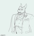 anthro bow_tie bulge clothed clothing dragon erection erection_under_clothing formal_wear hi_res horn jacket male papyreit solo suit topwear vest 