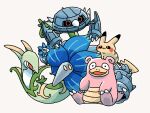  00tamakichi black_eyes blue_flower claws colored_skin commentary_request crystal fangs floating flower glimmet glimmora green_skin highres metal_skin metang no_humans open_mouth pikachu pink_skin pokemon pokemon_(creature) pokemon_focus red_eyes serperior slowbro snake spikes white_background yellow_eyes yellow_fur 