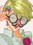  1boy arm_up black-framed_eyewear blonde_hair character_hair_ornament collarbone commentary eyes_visible_through_eyewear flower frilled_shirt frills glasses groucho_glasses hair_ornament headshot highres kuma_(human)_(persona_4) kuma_(persona_4) male_focus one_eye_closed open_mouth parted_hair persona persona_4 red_flower red_rose rose round_eyewear shirt short_hair simple_background swept_bangs teeth triangle_mouth untranslatable_commentary upper_body upper_teeth_only white_background white_shirt yuuyuyuraru 