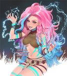  1girl :d armband artist_name bare_shoulders big_hair blue_eyes blue_hair blue_tattoo breasts commentary commission electricity english_commentary english_text feathers fingernails gradient_hair grey_eyes grin hands_up heterochromia large_breasts lavelis legs_together lipstick long_hair looking_at_viewer makeup multicolored_hair navel open_mouth original pelvic_curtain pink_hair pink_nails red_lips side_braids sitting skindentation smile solo thigh_gap underboob very_long_hair wristband 