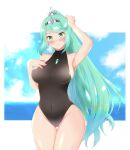  1girl adjusting_hair alternate_costume armpits bangs blush breasts closed_mouth cloud covered_navel gem green_eyes green_hair hair_ornament headpiece jewelry large_breasts leotard long_hair musubi_moni mythra_(xenoblade) nintendo ocean one-piece_swimsuit pneuma_(xenoblade) ponytail pose pyra_(xenoblade) shy sky smile solo standing swept_bangs swimsuit thighs tiara very_long_hair white_background xenoblade_chronicles_(series) xenoblade_chronicles_2 