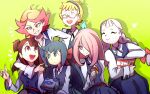  6+girls ahoge amanda_o'neill antenna_hair aqua_eyes arm_around_neck asymmetrical_bangs bag_of_chips black_ribbon blonde_hair blue_dress blue_hair blue_hairband bow braid bright_pupils brown_hair closed_eyes closed_mouth collared_shirt commentary constanze_amalie_von_braunschbank-albrechtsberger dress drop_shadow english_commentary eyelashes freckles glasses green_background grin hair_bow hair_over_one_eye hairband highres holding holding_mushroom index_finger_raised jasminka_antonenko kagari_atsuko little_witch_academia long_hair long_sleeves lotte_jansson luna_nova_school_uniform making-of_available multicolored_hair multiple_girls mushroom neck_ribbon notice_lines omiza_somi one_side_up open_mouth orange_hair pale_skin pinafore_dress pink-framed_eyewear ponytail red_bow red_eyes red_hair ribbon robot round_eyewear school_uniform semi-rimless_eyewear shirt short_hair simple_background sitting sleeveless sleeveless_dress smile stanbot_(little_witch_academia) sucy_manbavaran teeth thick_eyebrows twin_braids twintails two-tone_hair upper_teeth_only v-shaped_eyebrows very_short_hair white_pupils white_shirt 