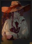  1girl blouse blurry blurry_foreground border bow candle copyright_request depth_of_field grey_border hand_up hat hat_bow highres long_hair long_sleeves looking_at_viewer neck_ribbon orange_headwear red_bow red_eyes red_hair red_ribbon ribbon sankomichi solo white_blouse witch_hat 