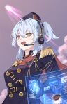  1girl absurdres alternate_costume belt black_belt black_gloves black_jacket breasts buling_(wuthering_waves) buttons capelet collared_jacket commentary_request epaulettes from_below gloves grey_hair hat headphones highres holographic_interface jacket long_hair long_sleeves looking_at_viewer looking_down medium_breasts military_hat military_jacket one_side_up open_mouth red_capelet revermam12 side_capelet solo upper_body wuthering_waves yellow_eyes 