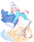  1girl 9ml abydos_high_school_logo ahoge ball beach beachball beretta_1301 bikini blue-tinted_eyewear blue_archive blue_eyes blue_jacket bucket eyewear_on_head fang faux_figurine frilled_bikini frills full_body game_asset gun hair_between_eyes hair_bobbles hair_ornament halo heterochromia highres hoshino_(blue_archive) hoshino_(swimsuit)_(blue_archive) huge_ahoge inflatable_toy inflatable_whale jacket long_hair long_sleeves looking_at_viewer low_twintails official_alternate_costume official_art open_mouth outdoors pink_hair pink_halo sand sandals shotgun shovel simple_background smile solo standing sunglasses swimsuit tachi-e third-party_source tinted_eyewear transparent_background twintails water weapon white-framed_eyewear white_bikini white_sandals yellow_eyes 