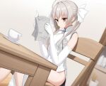 1girl absurdres ahoge alternate_costume bare_shoulders blurry blurry_background blush bow brown_eyes chair closed_mouth collared_dress commentary_request cup dress dutch_angle elbow_gloves fan_request feet_out_of_frame floral_print floral_print_dress ghost_villager gloves grey_hair hair_between_eyes hair_bow hair_intakes hands_up highres holding holding_newspaper indoors kasugano_sora long_hair newspaper no_panties on_chair pelvic_curtain print_dress reading rose_print sidelocks sitting sleeveless sleeveless_dress solo straight_hair teacup twintails variant_set white_bow white_dress white_gloves yosuga_no_sora 