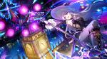  2girls absurdres armpits artist_name black_boots black_dress black_hood black_pantyhose boots breasts brown_hair building clock clock_tower commentary_request crossover detached_sleeves dress emiya_shirou fate/stay_night fate/unlimited_blade_works fate_(series) guest_art hat herta_(honkai:_star_rail) highres holding holding_staff honkai:_star_rail honkai_(series) long_hair magic_circle medea_(caster)_(fate) medea_(fate) multiple_girls night open_mouth outdoors pantyhose purple_eyes redrop river ruan_mei_(honkai:_star_rail) sky skyscraper small_breasts staff the_herta_(honkai:_star_rail) tohsaka_rin tower very_long_hair waver_velvet witch_hat 