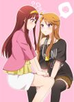  2girls ? animal_print averting_eyes black_shirt black_thighhighs blush brown_hair closed_mouth commentary_request face-to-face frown idolmaster idolmaster_million_live! jacket kisaragi_ichigo leopard_print long_hair looking_at_another multiple_girls outline pink_background pink_jacket print_shorts purple_eyes red_eyes red_hair shirt short_sleeves shorts simple_background skirt sweatdrop tanaka_kotoha thighhighs tokoro_megumi white_outline white_skirt yuri 