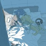  2girls ahoge bed black_shirt blonde_hair blue_hair bocchi_the_rock! cellphone commentary_request green_shirt hair_down head_on_pillow headphones ijichi_nijika long_hair multiple_girls on_bed phone pillow ree_(re-19) shirt shirt_under_shirt short_hair sleeping smartphone under_covers yamada_ryo yuri 