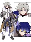  2boys aged_down anger_vein angry antenna_hair belt black_boots black_gloves black_jacket black_pants black_shoes blue_hair boots bright_pupils brown_jacket child chinese_commentary clenched_hand closed_mouth commentary_request crossed_bangs earrings empty_eyes flins_(dream_journey)_(genshin_impact) flins_(genshin_impact) full_body fur-trimmed_jacket fur_trim genshin_impact gloves gradient_hair grey_belt grey_hair grey_shirt hair_between_eyes hand_up highres holding holding_lantern hood hooded_jacket illuga_(genshin_impact) jacket jewelry lantern lapels leg_warmers long_hair long_sleeves looking_at_viewer male_focus multicolored_hair multiple_boys multiple_views open_clothes open_jacket pants protecting purple_eyes purple_sash red_hair sash shaded_face shirt shoes short_hair simple_background single_earring smile standing sweater teeth thigh_strap turtleneck turtleneck_sweater two-tone_hair v-shaped_eyebrows white_background white_leg_warmers white_pupils white_sweater yellow_eyes yuelinpanp98413 