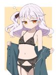  1girl absurdres black_bra black_garter_belt black_garter_straps black_panties black_ribbon blush border bow bow_bra bow_panties bra closed_mouth commentary_request cowboy_shot flat_chest garter_belt garter_straps grey_hair grey_shirt hair_ribbon high_school_fleet highres lace lace_bra lace_garter_belt lace_panties lingerie long_hair looking_at_viewer midorima_bocchi navel one_side_up orange_eyes outside_border pajamas panties ribbon shirt simple_background solo squeans standing stomach thea_kreutzer underwear underwear_only undressing white_border yellow_background 