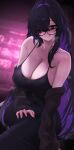  1girl absurdres bare_shoulders black_dress black_hair black_sweater breasts cleavage commentary curvy dress glasses goddess_of_victory:_nikke highres huge_breasts indoors label_(nikke) licking_lips long_hair looking_at_viewer multicolored_hair pale_skin purple_eyes purple_hair solo sweat sweater taut_clothes taut_dress thick_thighs thighs tongue tongue_out two-tone_hair uzzy2801 veins veiny_breasts very_long_hair 