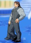  1boy alternate_costume arabagi bangs blurry blurry_background brown_hair contemporary fate/grand_order fate_(series) formal from_side grey_pants grey_shirt grey_vest holding holding_clothes holding_jacket jacket jacket_removed looking_to_the_side male_focus mature_male medium_hair muscular muscular_male orion_(super_archer)_(fate) pants partially_unbuttoned pectorals shirt smile solo thick_eyebrows vest 