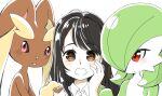 3girls :3 animal_ears bangs black_hair blush bob_cut body_fur brown_fur bunny_ears buttons closed_mouth collared_shirt colored_skin commentary_request eyebrows_visible_through_hair flat_chest furry gardevoir gen_3_pokemon gen_4_pokemon green_hair green_skin hair_over_one_eye hand_on_another&#039;s_shoulder hand_on_own_cheek hand_on_own_face hand_up interspecies long_hair looking_at_another looking_at_viewer looking_to_the_side lopunny muguet multicolored multicolored_skin multiple_girls open_mouth original pink_eyes pokemon pokemon_(creature) rabbit_girl red_eyes shiny shiny_hair shirt short_hair sidelocks simple_background smile straight-on swept_bangs two-tone_fur two-tone_skin upper_body white_background white_shirt white_skin yellow_fur yuri 