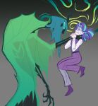  1boy 2girls asphyxiation blue_hair claws clenched_teeth colored_skin grey_background highres long_hair long_sleeves looking_at_another male_focus multicolored_hair multiple_girls my_little_pony my_little_pony:_friendship_is_magic oxoooo pants ponytail purple_hair purple_pants queen_chrysalis scared shirt simple_background starlight_glimmer strangling streaked_hair sweat teeth turn_pale vest white_shirt wide-eyed 