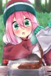  1girl beanie black_legwear box chair close-up commentary_request curry curry_rice drooling face food gloves grass green_eyes green_gloves green_headwear hair_between_eyes hat highres hood hooded_vest hoodie jacket kagamihara_nadeshiko knees_up looking_at_food mess_kit multicolored multicolored_clothes multicolored_headwear outdoors pantyhose picnic pink_hair pom_pom_(clothes) red_headwear red_jacket rice saliva sidelocks sitting sk02 solo striped striped_headwear tree vest white_headwear white_vest winter_clothes wooden_table yurucamp 