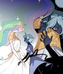  2girls armor blue_dress blue_hair blue_skin closed_eyes colored_skin commentary_request crying dress dual_persona green_hair highres holding_hands horns humanization korean_commentary long_hair multicolored_hair multiple_girls my_little_pony my_little_pony:_friendship_is_magic oxoooo personification princess_celestia princess_luna purple_hair rainbow_hair short_hair siblings single_horn sisters sparkle star_(sky) tears tiara white_dress 