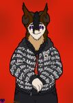  absurd_res anthro argylefricker clothed clothing digital_media_(artwork) drip_(meme) english_text fur hi_res looking_at_viewer male meme meme_clothing puffer_jacket raythos_oruda sergal simple_background solo text 