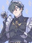  2boys 2wlfifykkc28921 billy_kid billy_kid_(starlight) black_dress black_gloves black_jacket blue_background blush closed_mouth commentary_request crossdressing crossdressing_(mtf) dress enmaided four-finger_heart_hands gloves green_eyes green_hair hair_over_one_eye heart heart_hands highres horns humanoid_robot jacket lighter_(zenless_zone_zero) looking_at_viewer maid maid_headdress male_focus male_maid multiple_boys red_pupils robot robot_boy short_hair white_hair yellow_eyes zenless_zone_zero 