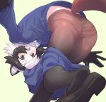  1girl animal_ears back blush brown_eyes extra_ears gloves green_background grey_hair highres jacket kemono_friends looking_at_viewer looking_back lowlandgorilla open_mouth pantyhose raccoon_ears raccoon_girl raccoon_tail see-through_clothes see-through_pantyhose shoes short_hair simple_background skirt solo tail tanuki_(kemono_friends) 