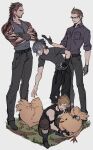 4boys absurdres act_(a_moso) black_hair black_shirt blonde_hair boots brown_hair chocobo crop_top final_fantasy final_fantasy_xv fingerless_gloves gladiolus_amicitia glasses gloves highres ignis_scientia multiple_boys noctis_lucis_caelum partially_fingerless_gloves petting prompto_argentum shirt single_glove smile spiked_hair squatting tank_top tattoo 