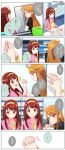  2girls ahoge averting_eyes black_shirt blush brown_hair chair closed_mouth commentary_request hairband highres holding_hands idolmaster idolmaster_million_live! indoors interlocked_fingers jacket kisaragi_ichigo long_hair multiple_girls on_chair open_mouth pink_jacket purple_eyes red_eyes red_hair shirt sitting smile tanaka_kotoha tokoro_megumi yellow_hairband yuri 