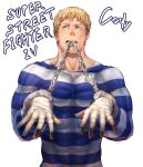  1boy bandages bara blue_eyes chain character_name cody_travers copyright_name covered_abs covered_collarbone cuffs english_text facial_hair fingerless_gloves gloves handcuffs looking_to_the_side male_focus mature_male muscular muscular_male open_hands pectorals prison_clothes shirt short_hair solo street_fighter street_fighter_iv_(series) stubble taut_clothes taut_shirt tokonatu upper_body white_background 