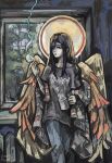  1girl absurdres angel_wings black_hair blanket ciconia_ridicula cigarette coffee_mug cup denim facing_viewer forest haibane_renmei halo highres jeans long_hair looking_to_the_side mug nature pants print_shirt reki_(haibane_renmei) russian_text shirt smoking solo_focus steam t-shirt window wings 