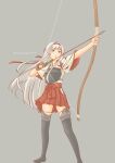  1girl absurdres arrow_(projectile) bow_(weapon) drawing_bow gloves grey_background hairband headband highres holding holding_bow_(weapon) holding_weapon japanese_clothes kantai_collection long_hair muneate pot-de shoukaku_(kancolle) silver_hair skirt thighhighs weapon white_hair 